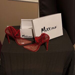 Mixx Shuz Red Mesh Pointed Toe Stiletto Pumps